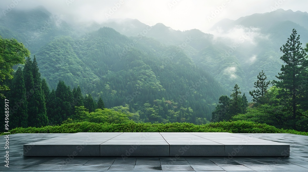 Poster empty square platform and green mountain with forest landscape in hangzhou china : generative ai