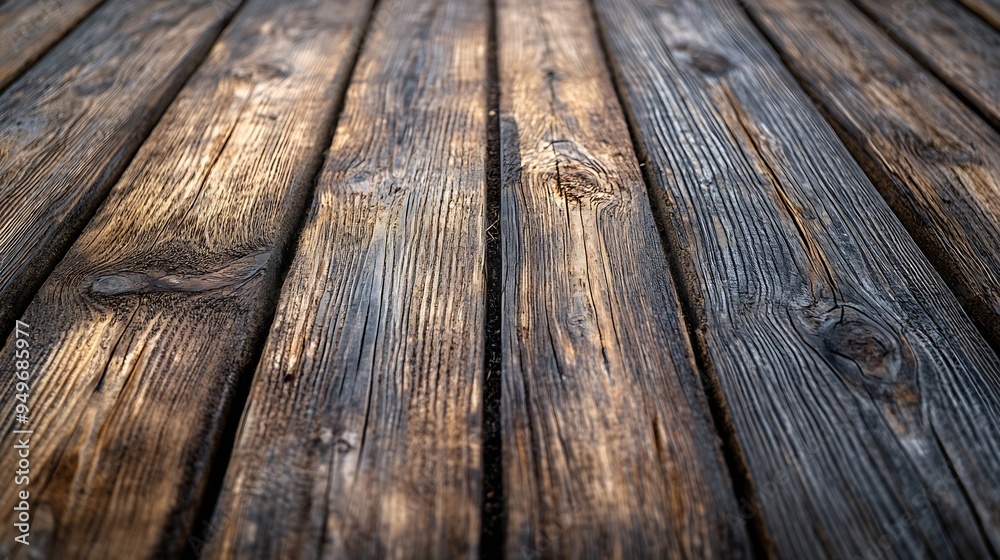 Aufkleber Close up of rustic wooden plank floor aged by the passage of time placed in vertical format with a very marked texture : Generative AI