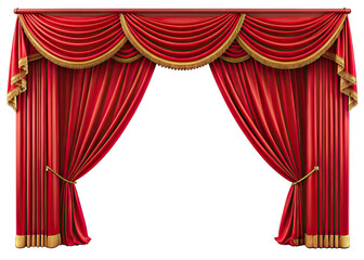 A pair of red velvet stage curtains with gold trim are drawn back to reveal a white background