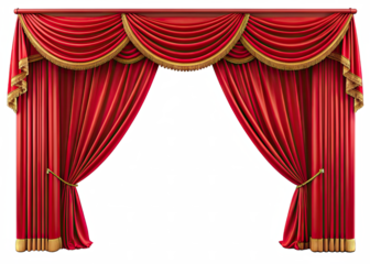 A pair of red velvet stage curtains with gold trim are drawn back to reveal a white background