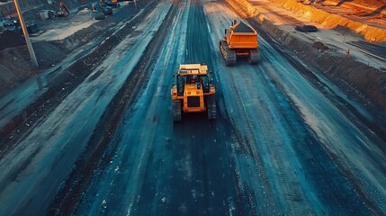 Aerial view of large road construction site with several industrial machines timelapse Earthmoving equipment and asphalt milling machine : Generative AI