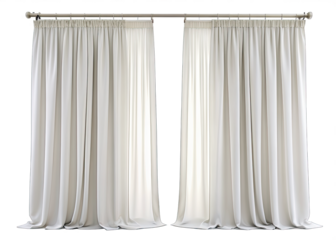 Two sets of white curtains are hung on a silver rod against a white backdrop