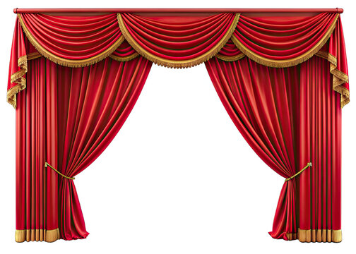 A pair of red velvet stage curtains with gold trim are drawn back to reveal a white background
