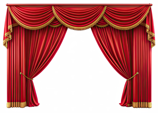 A pair of red velvet stage curtains with gold trim are drawn back to reveal a white background