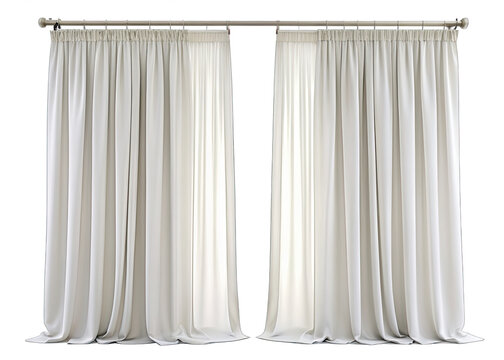 Two sets of white curtains are hung on a silver rod against a white backdrop