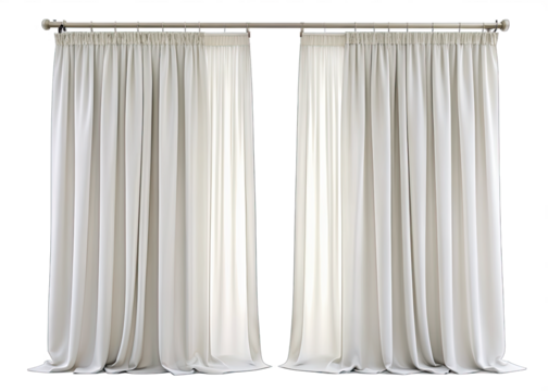 Two sets of white curtains are hung on a silver rod against a white backdrop