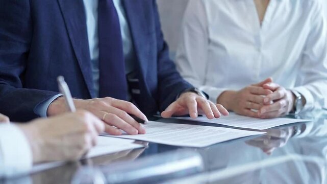 Business people wearing suits signing important documents during a corporate meeting. Win-win concept
