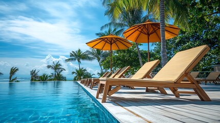 Happy tourism holiday landscape Luxury beach resort hotel swimming pool leisure beach chairs under umbrellas palm trees blue sunny sky Summer island seaside relax mood travel vacation  : Generative AI