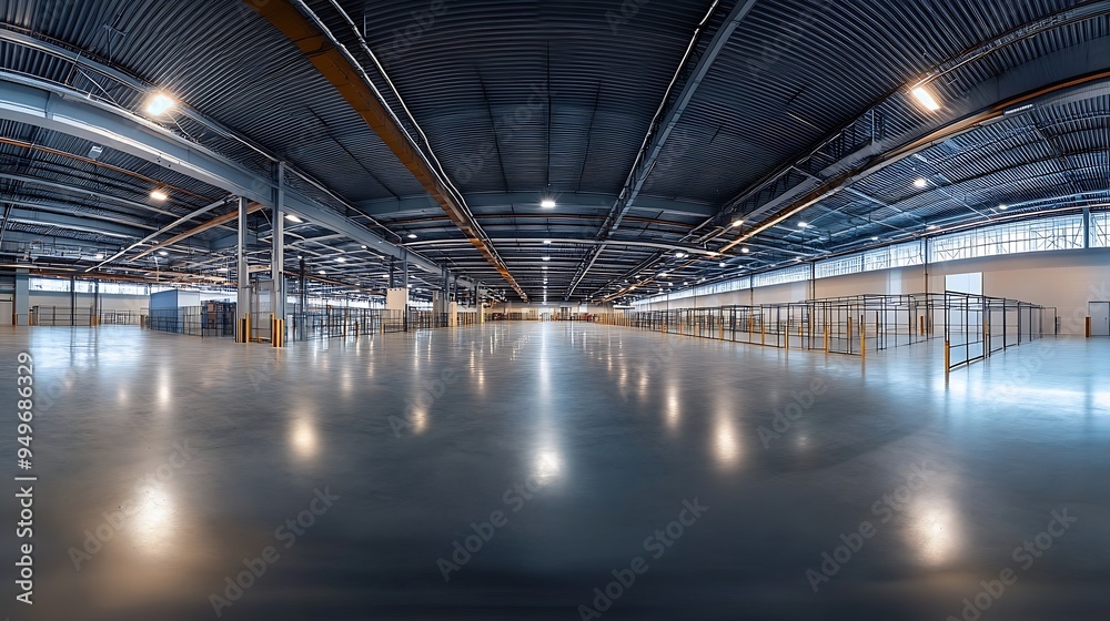 Aufkleber panorama of empty room of modern storehouse with gates and selfleveling floor : generative ai