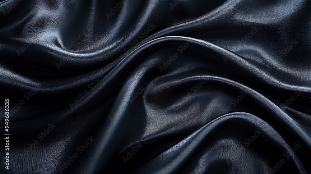 Fototapete Black gray satin dark fabric texture luxurious shiny that is abstract silk cloth panorama background with patterns soft waves blur beautiful : Generative AI