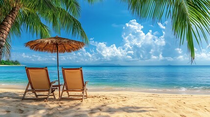 Obraz premium Beautiful panoramic sea sand sky Tropical relax beach sunny summer island landscape Love couple chairs umbrella palm leaves romantic coast Luxury travel destination Honeymoon vacation : Generative AI