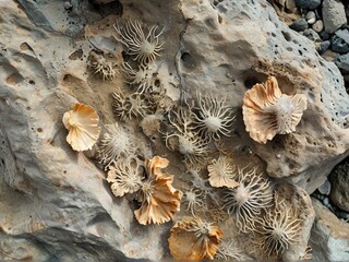 A close-up view of a cluster of delicate, white, and beige sea shells embedded in a rough, gray rock.