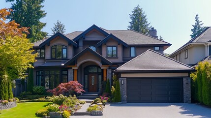 Real Estate Exterior Front House on a sunny day Big custom made luxury house with nicely landscaped front yard and driveway to garage in the suburbs of Vancouver Canada : Generative AI