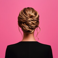 Obraz premium Elegant Hair Updo on Woman Against a Bright Pink Background in Portrait Style