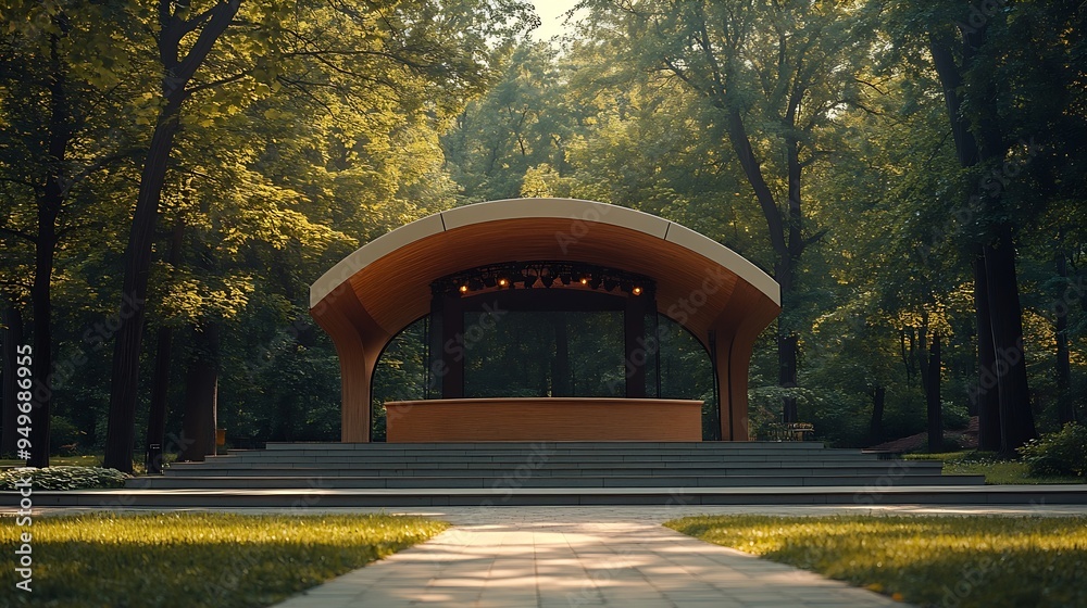 Aufkleber Empty open air stage in a park with a sound projecting roof Akniste Latvia : Generative AI
