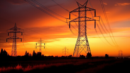 Fototapeta premium Electric tower, silhouette at sunset