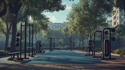 Urban sports ground with weight training and exercise equipment for sports Sports and recreation area Empty sports ground outdoor workout in a park : Generative AI
