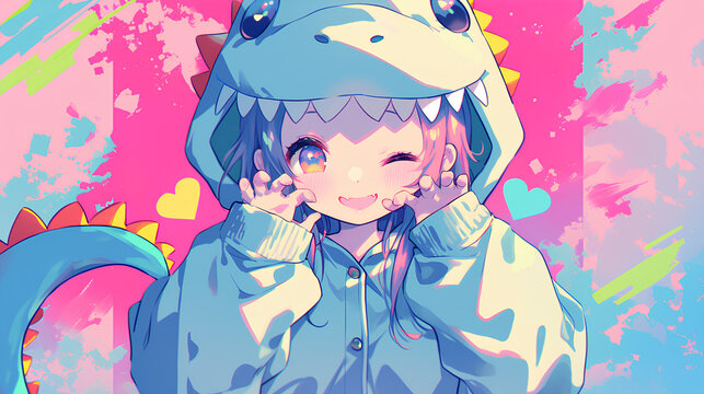 cute crocodile character wearing anime onesie costume, anime style, cute kawaii, simple, smiling happy, neon psychedelic background