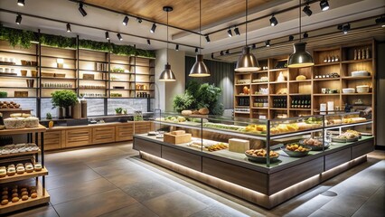 GourmetMarketplace upscale gourmet food store interior with sleek shelves, gourmet products, and subtle lighting, sophisticated atmosphere, neutral tones, luxury concept.