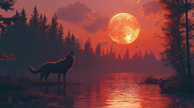 Wolf howling by a serene lake surrounded by pine trees under a glowing moon in a fantasy landscape
 seamless looping 4k time-lapse virtual video animation background. generated ai