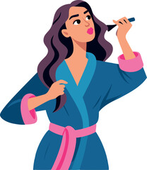 Woman in bathrobe holding makeup brush is thinking about beauty routine-