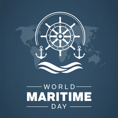 World Maritime Day design. It features a logo with an anchor, sea, and a ship wheel. Vector illustration