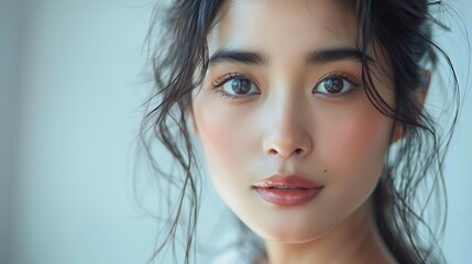Naklejka premium A beauty shot of an Asian model using primer, her face glowing and smooth, soft lighting, clean and simple background, emphasizing the flawless makeup prep, hd quality, beauty focus. --ar 16:9 --v 6.