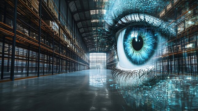 Image of eye graphs loading circles and globes over empty warehouse Digital composite multiple exposure report business progress globalization and distribution concept : Generative AI