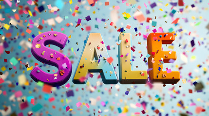 Fototapeta premium SALE spelled out with vibrant, multi-colored confetti falling down around it.
