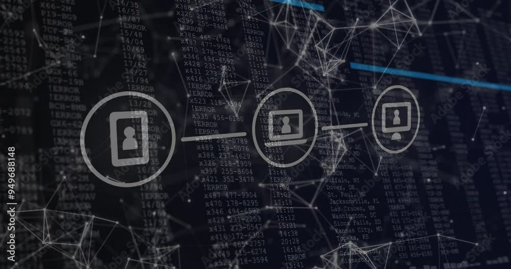 Poster network of connections and data processing animation over digital code background
