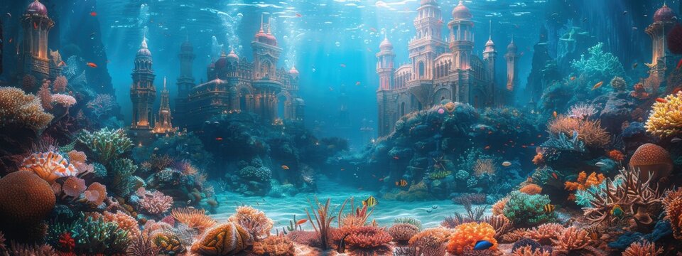 Mermaid Kingdom A magical underwater kingdom with mermaids, seahorses, and coral palaces.