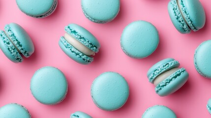 Obraz premium French sweet blue macaroons on color background,French macaron cookies baked pattern,french macaroons,Paris Pastry,bakery and branding concept,Delicious french desserts,copy space.