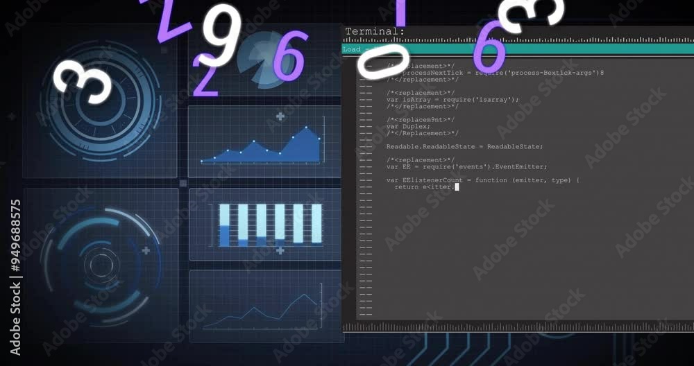 Poster data processing animation over coding terminal and graphical charts
