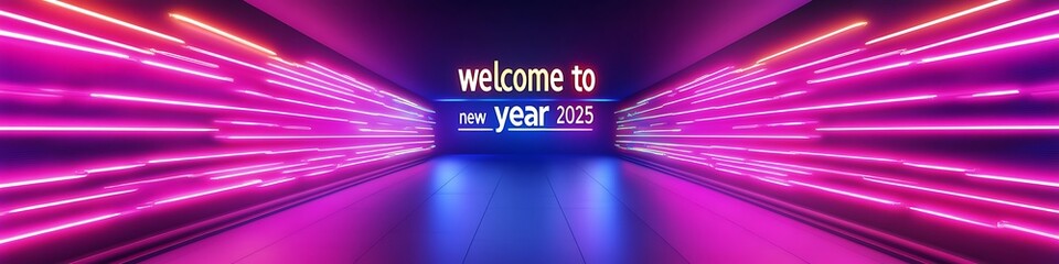 Neon welcome to new year 2025 with a bright, multicolored glow in a modern and clean background, creating a captivating display.