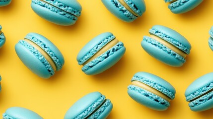 Fototapeta premium French sweet blue macaroons on color background,French macaron cookies baked pattern,french macaroons,Paris Pastry,bakery and branding concept,Delicious french desserts,copy space.