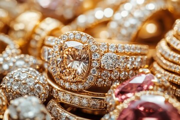 Naklejka premium Close-up of Diamond Engagement Ring with Gold Band