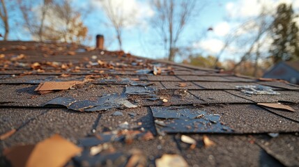 Fototapeta premium A focused shot of hail damage on a shingle roof during the day, with visible cracks, broken pieces, and missing shingles, surrounded by fallen debris