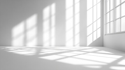 Abstract White Studio Background for Product Presentation with Window Shadows and Sunlight Blurred Backdrop Empty Room With Copy Space : Generative AI