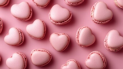 Obraz premium French sweet Strawberry Pink heart macaroons isolated on pink background. Pastry shop card with copy spacefrench macaroons,Paris Pastry,bakery and branding valentine couple concept,copy space.