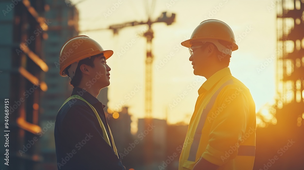 Poster civil engineer and worker discussing issues at the construction site in the morning : generative ai