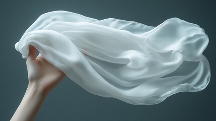 Fototapeta premium White silk scarf in womans hand floating on the wind on dark grey background Lifestyle Perfect for creating mockup for your own textile design or seamless pattern : Generative AI