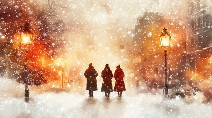 Obraz premium A serene winter scene with three figures walking in snow, surrounded by glowing street lamps and falling snowflakes, evokes sense of warmth and nostalgia.