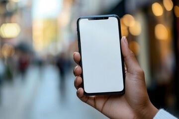 Hand Holding Smartphone With Blank White Screen In Blurred City Background