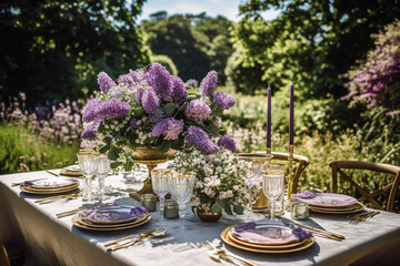 Fototapeta premium Wedding tablescape, elegant formal dinner table setting, table scape with lavender decoration for holiday party event celebration, post-processed, generative ai