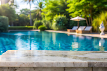 Empty Marble top blurred Swimming pool background