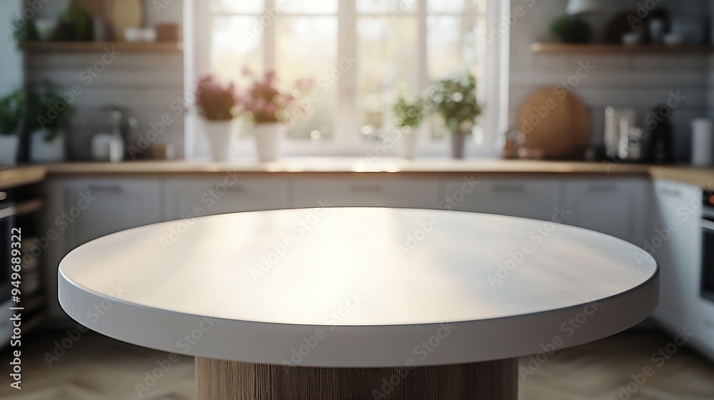 Poster empty beautiful round white tabletop counter on interior in clean and bright kitchen background read