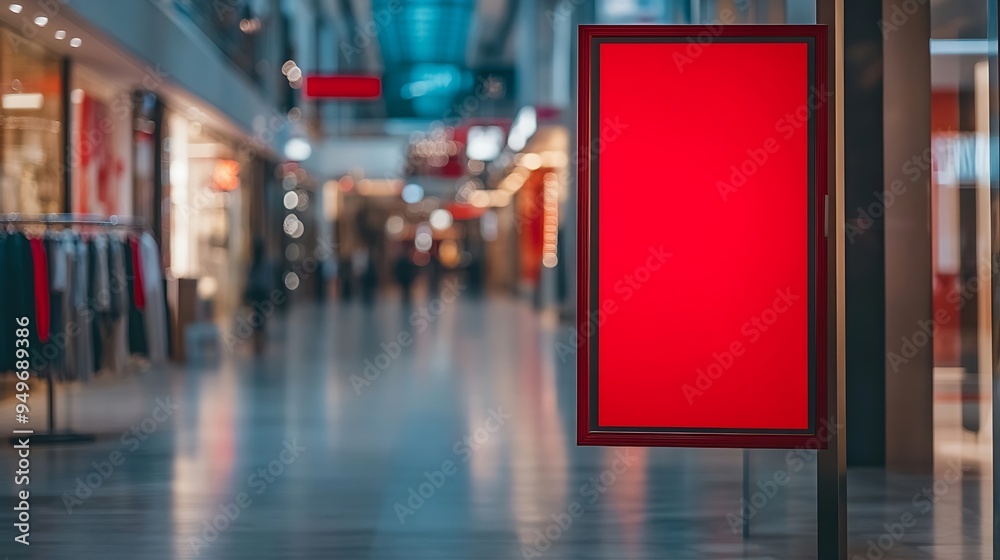 Poster red blank sign inside shopping mall mock up advertise display frame setting over the clothes line in the shopping department store for shopping business fashion and advertisement conce : Generative AI