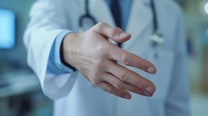 Portrait doctor or man with hand out for welcome offer deal or healthcare agreement in office Smile advice and happy medical professional with introduction handshake or consulting at h : Generative AI