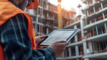 Smart Construction Project management system conceptHands using digital tablet with Construction Management Software on blurred construction site as background : Generative AI