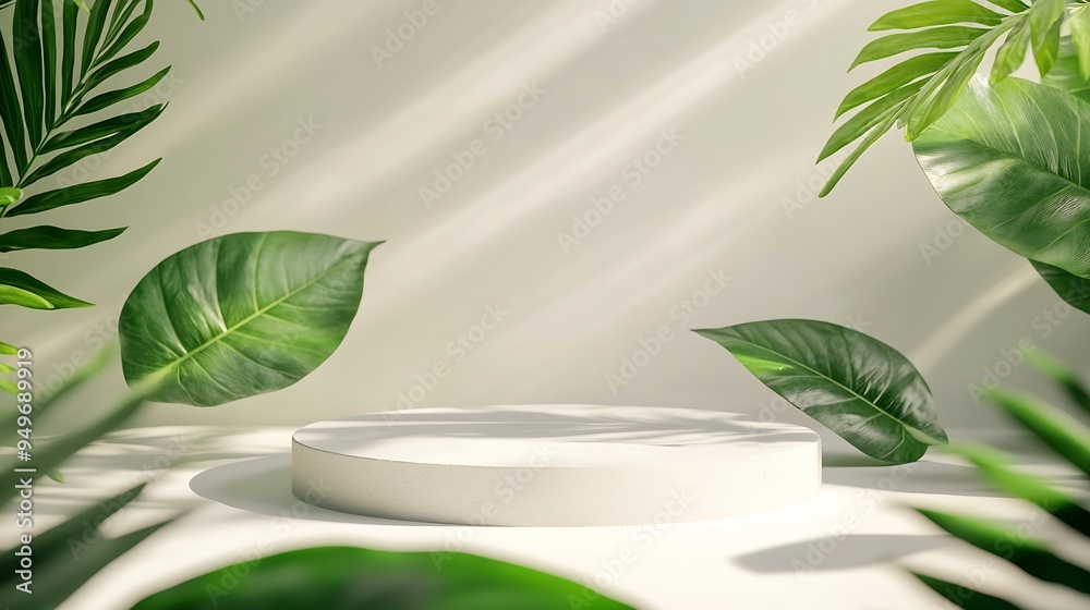 Poster creative concept of minimalism with leaf and plaster podium blank space on white podiums for present